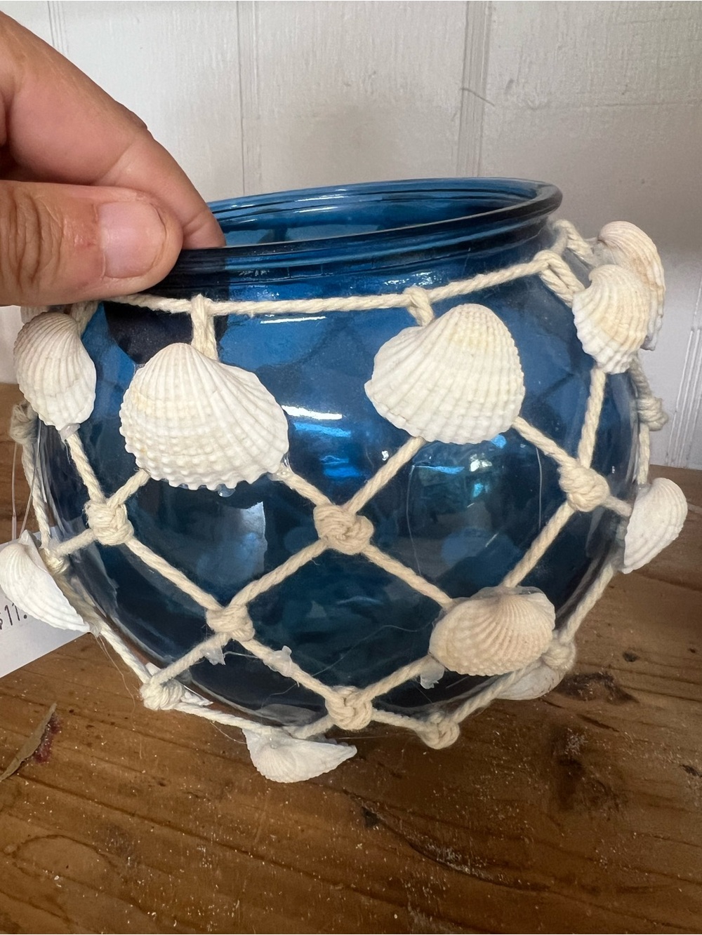 Handcrafted Blue Glass Shell Net Vase - Coastal Accent - Picture 5 of 6
